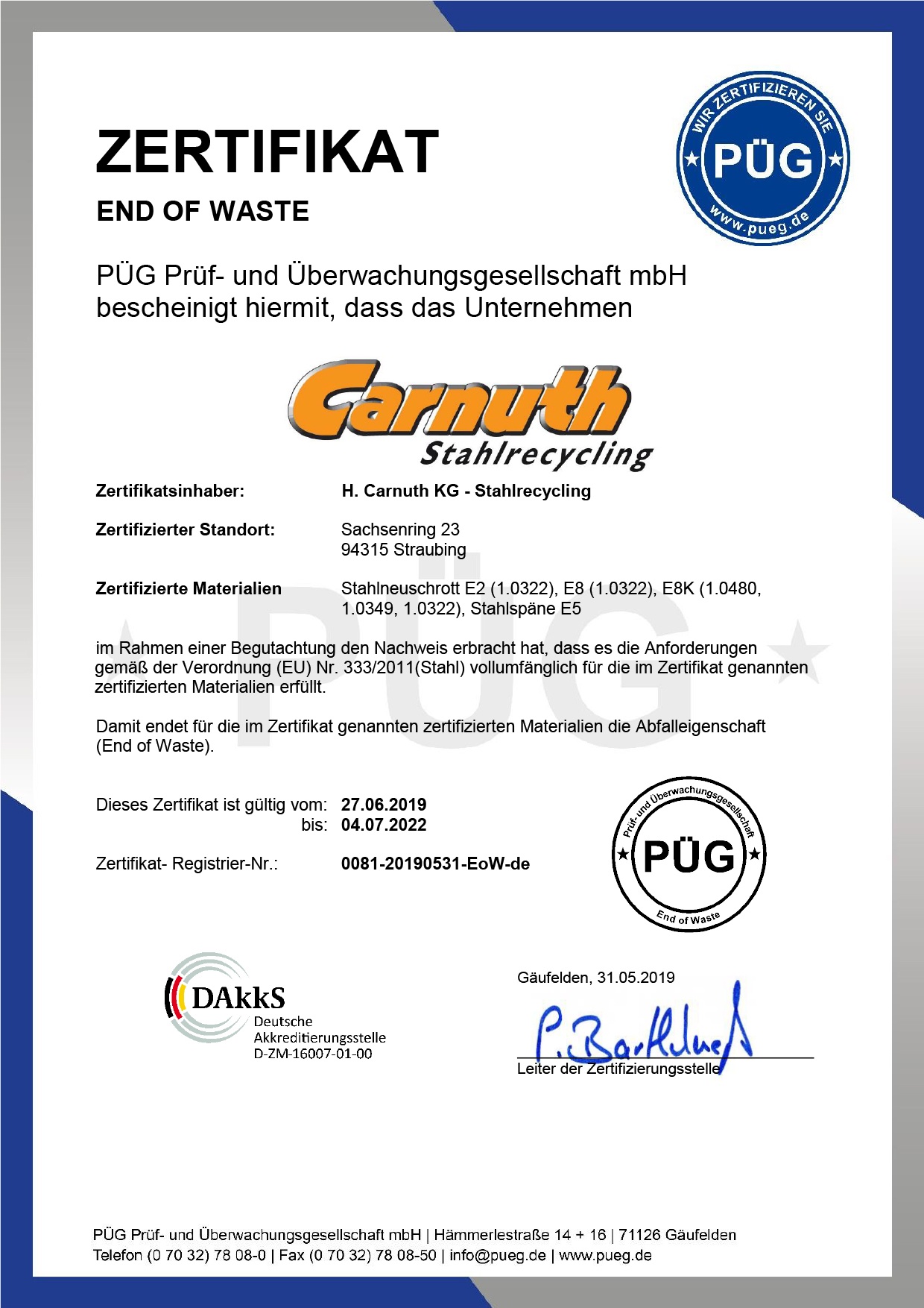 Zertifikat Ent of Waste